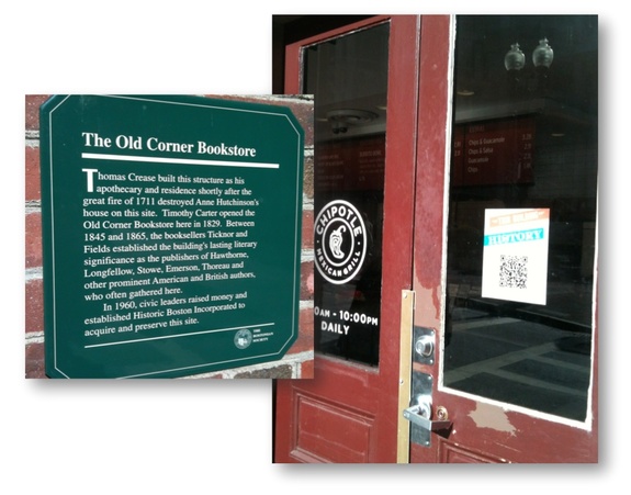 Using QR codes at historic sites: Traditional sign and QR code on The Old Corner Bookstore in Boston